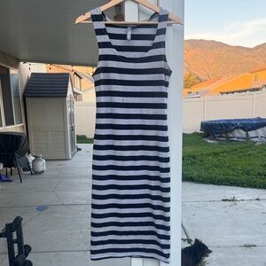 Feathers Charcoal and Light Gray Striped Midi Dress
